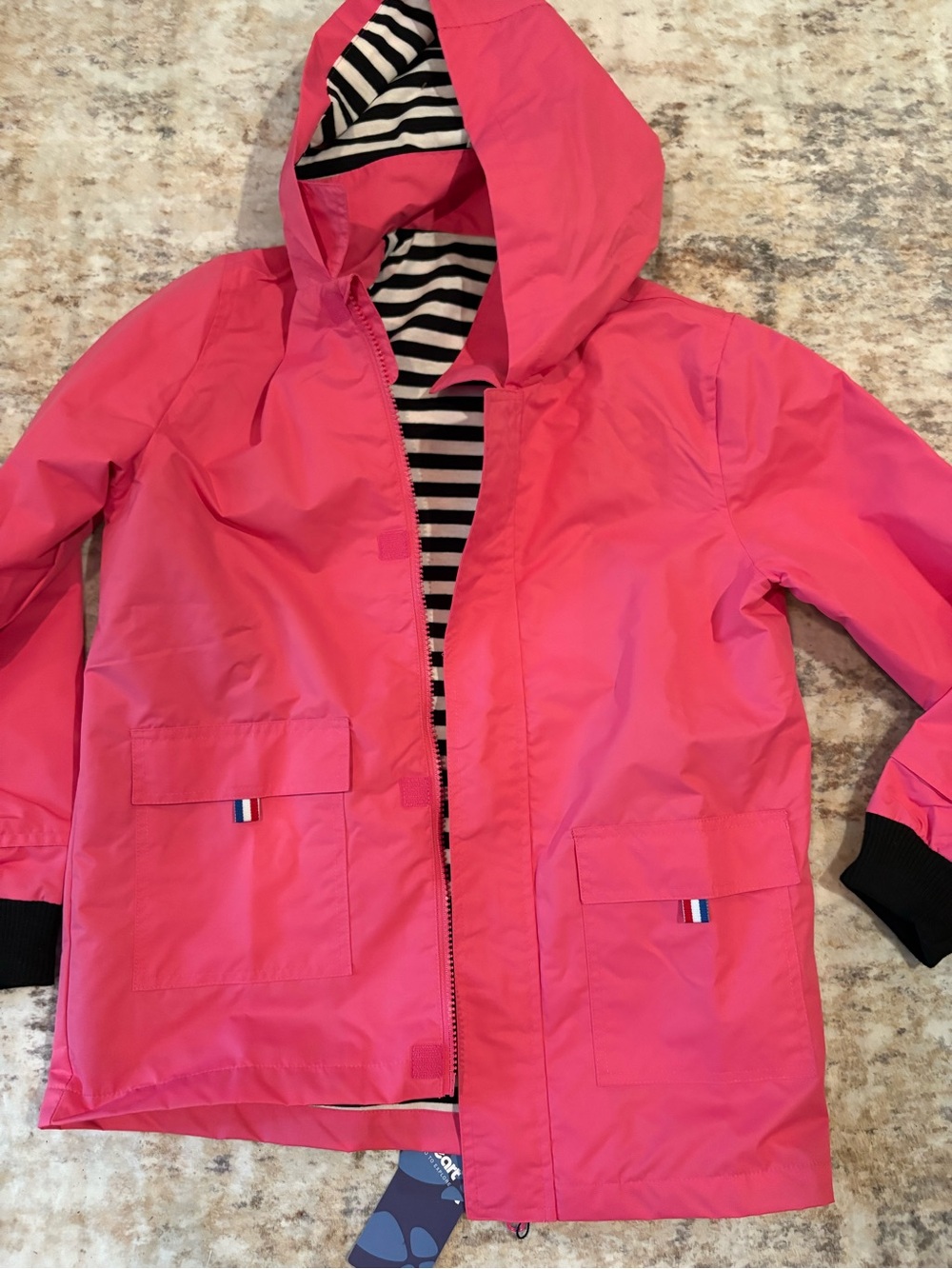 Kids' Hooded Pink Rain Jacket with Striped Lining